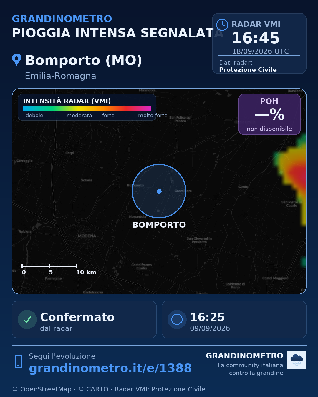 Mappa dell'evento: pioggia intensa a Bomporto (MO)