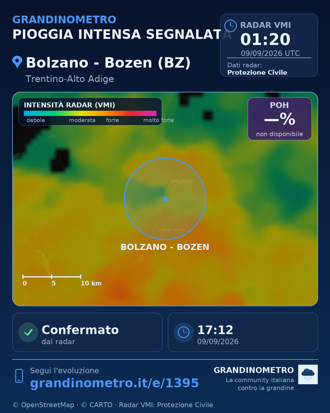 Mappa dell'evento: pioggia intensa a Bolzano - Bozen (BZ)