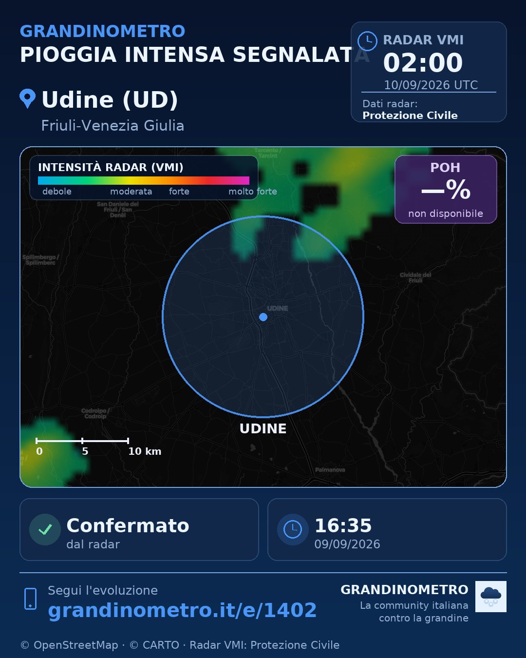 Mappa dell'evento: pioggia intensa a Udine (UD)