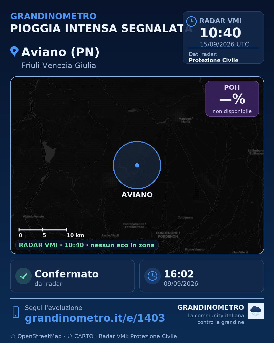 Mappa dell'evento: pioggia intensa ad Aviano (PN)