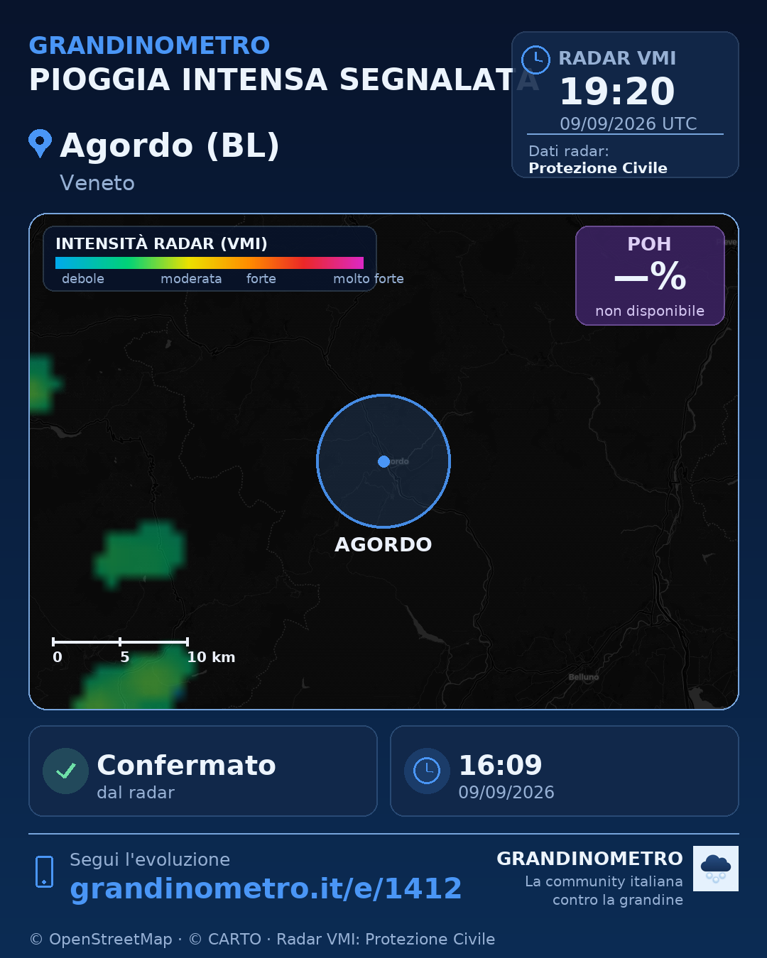 Mappa dell'evento: pioggia intensa ad Agordo (BL)
