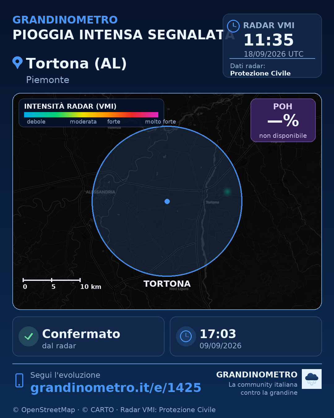 Mappa dell'evento: pioggia intensa a Tortona (AL)