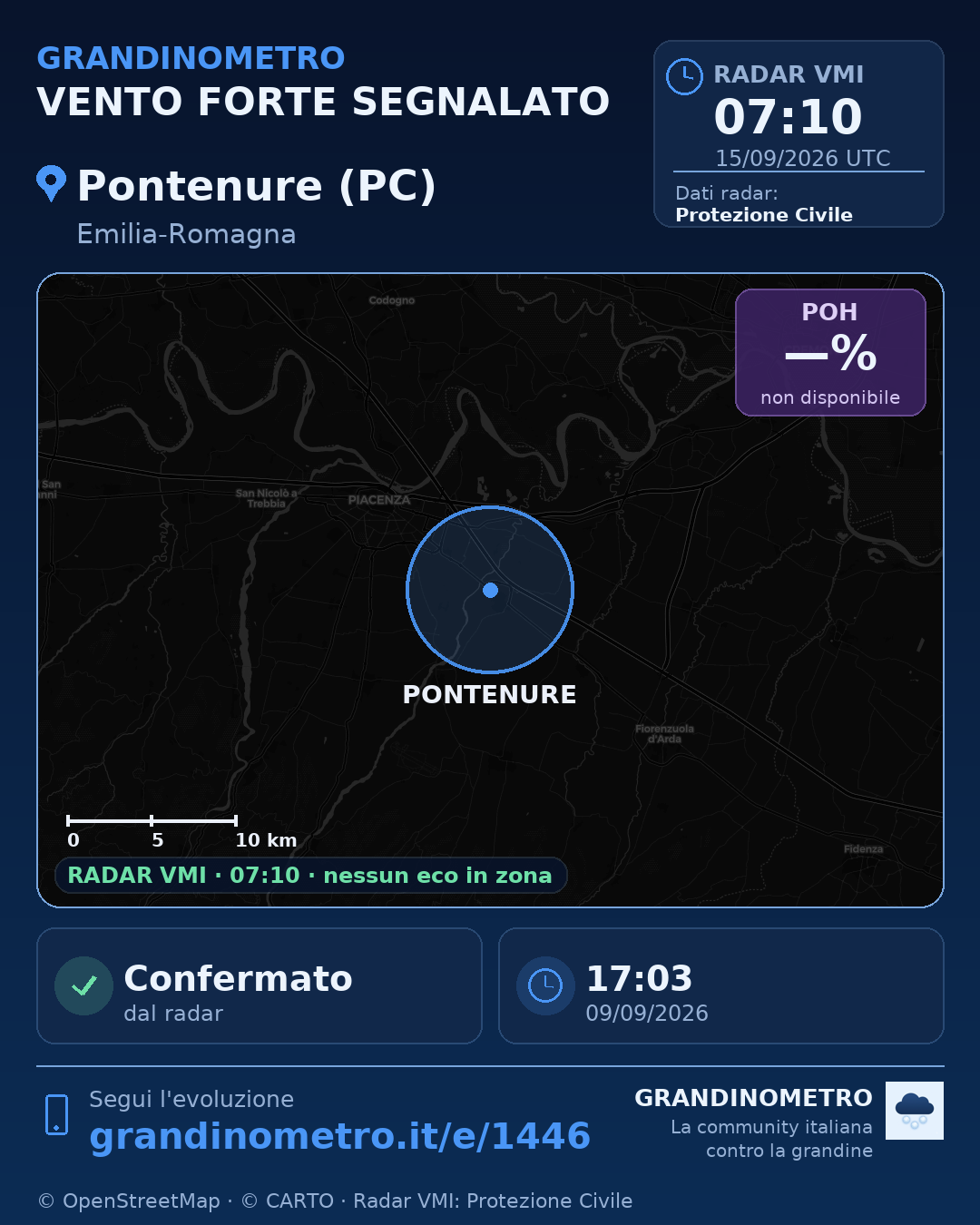 Mappa dell'evento: vento forte a Pontenure (PC)