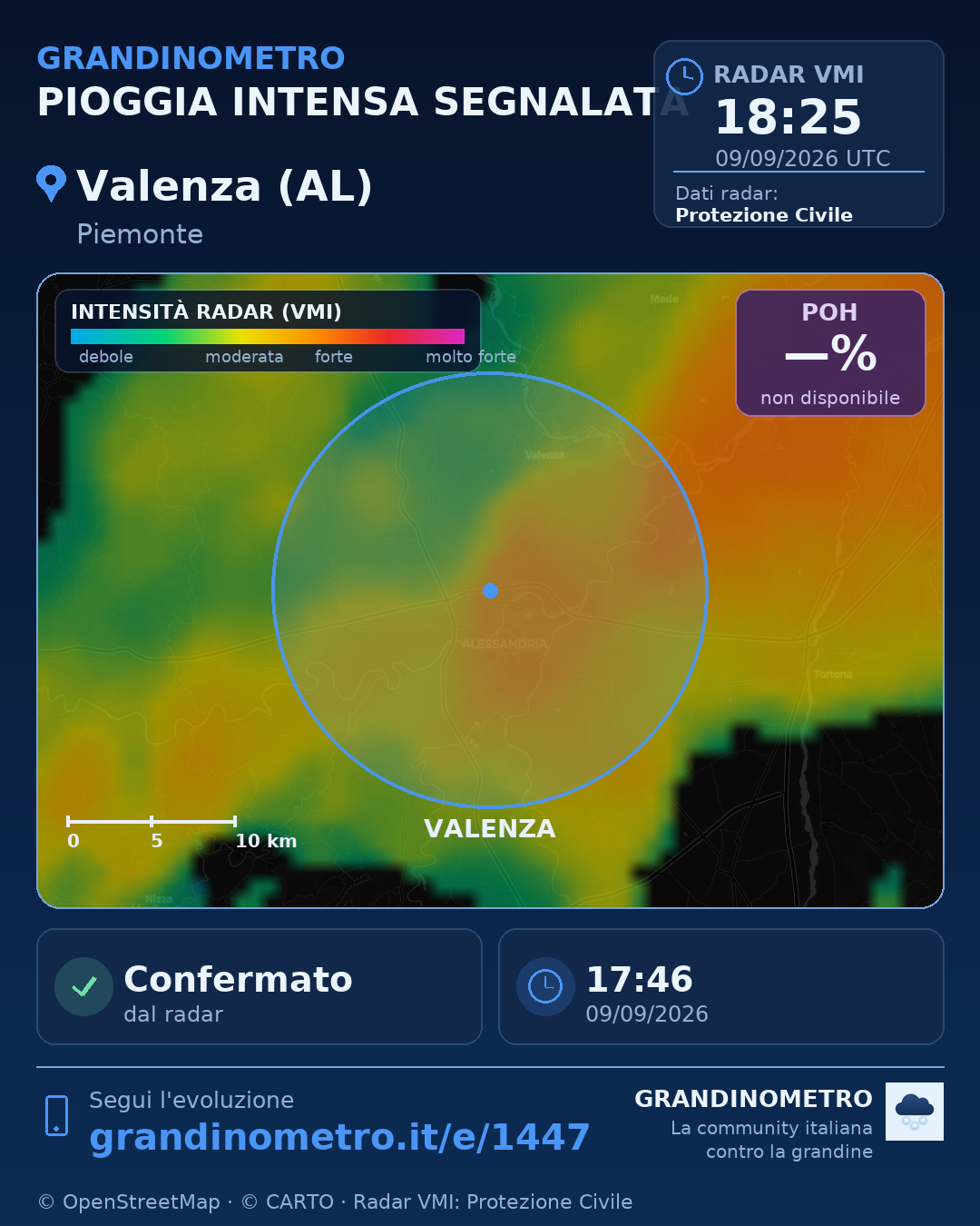 Mappa dell'evento: pioggia intensa a Valenza (AL)