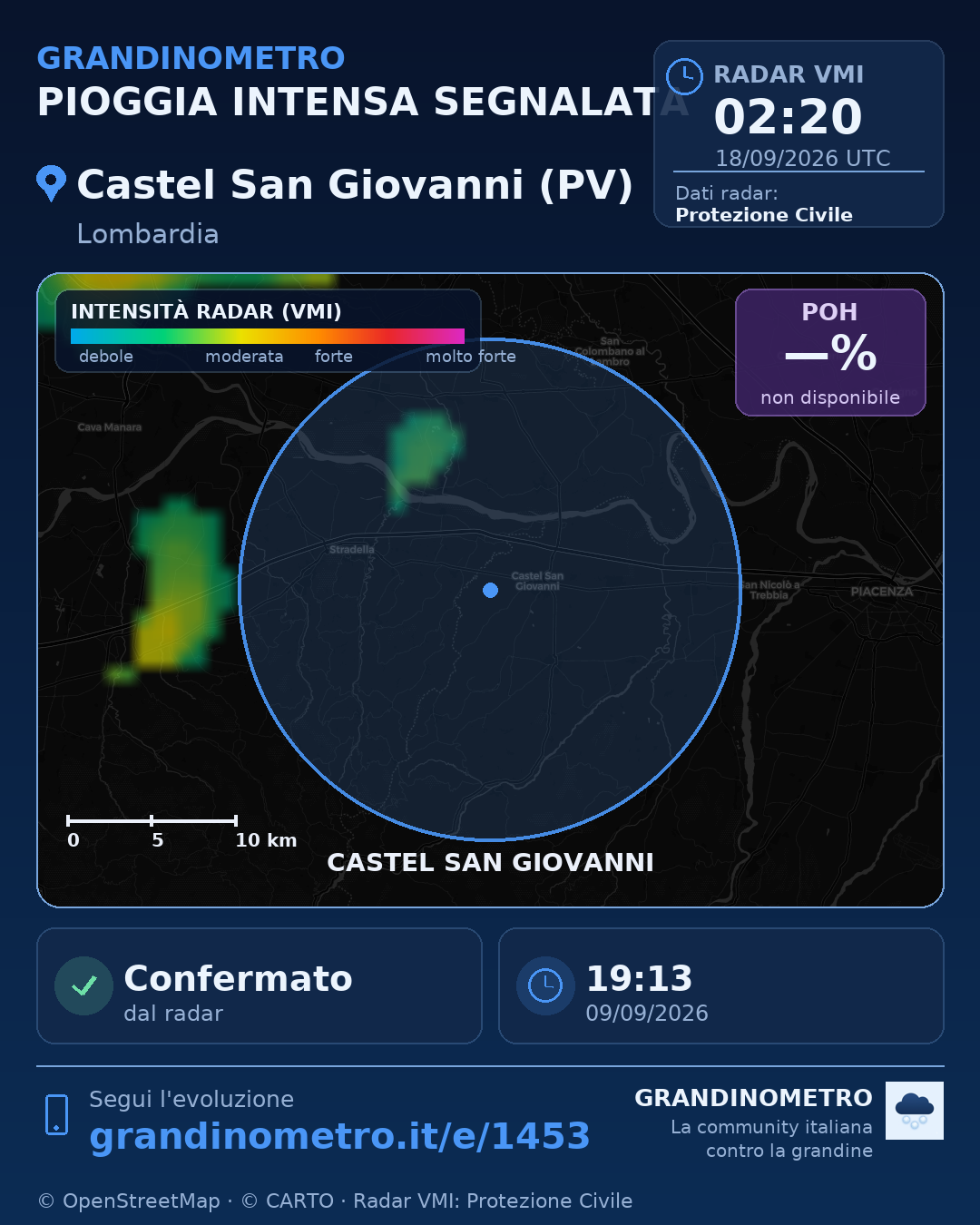 Mappa dell'evento: pioggia intensa a Castel San Giovanni (PV)