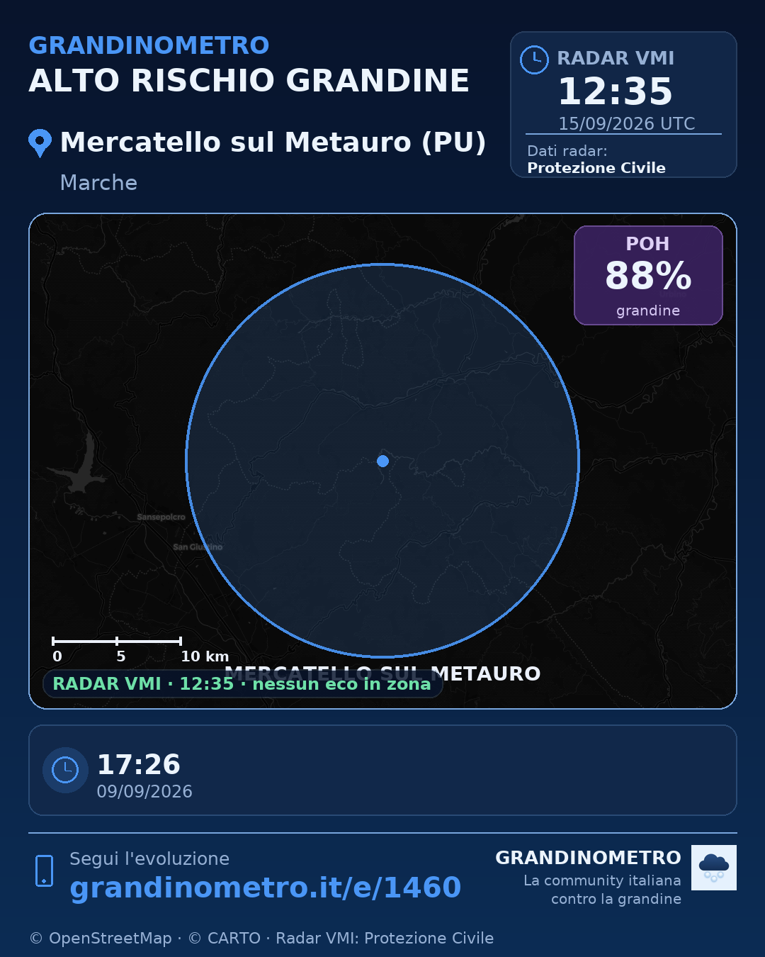Mappa dell'evento: grandine a Mercatello sul Metauro (PU)
