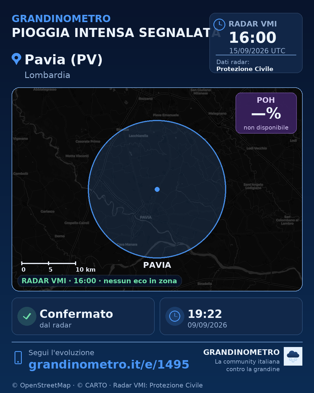 Mappa dell'evento: pioggia intensa a Pavia (PV)