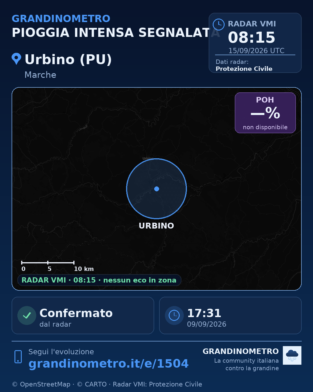 Mappa dell'evento: pioggia intensa a Urbino (PU)
