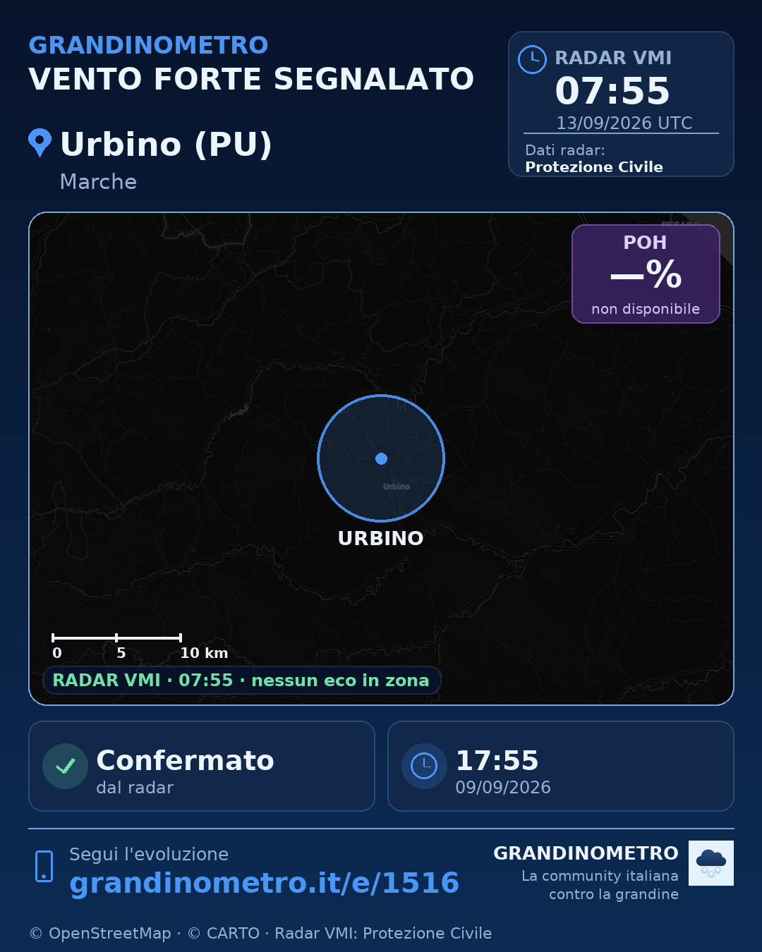 Mappa dell'evento: vento forte a Urbino (PU)