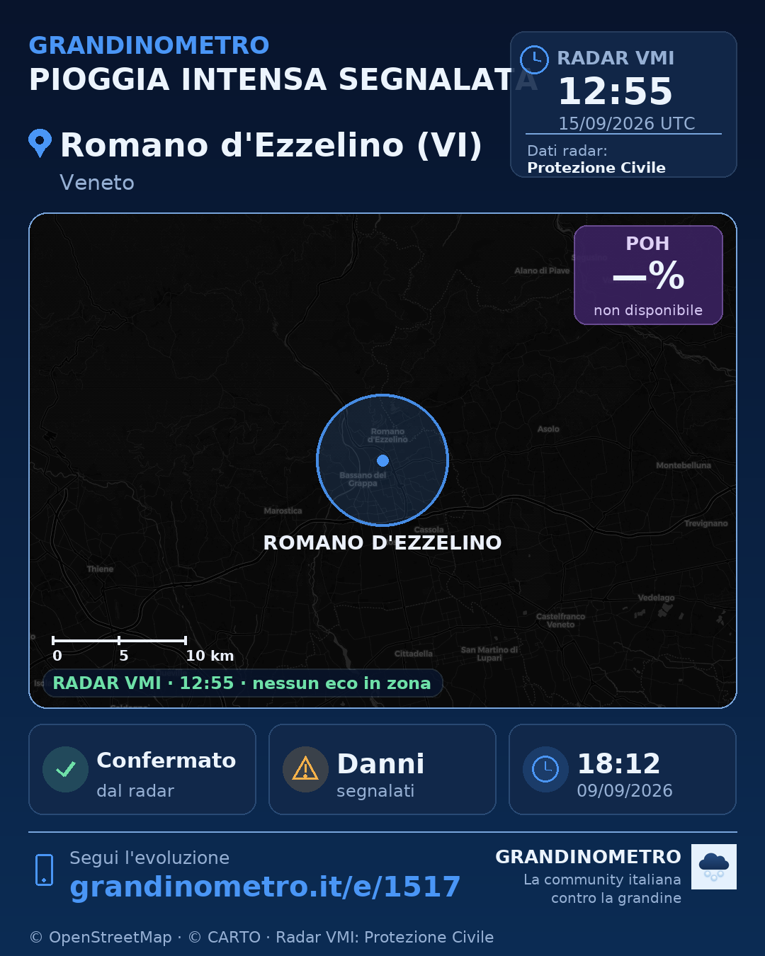 Mappa dell'evento: pioggia intensa a Romano d'Ezzelino (VI)