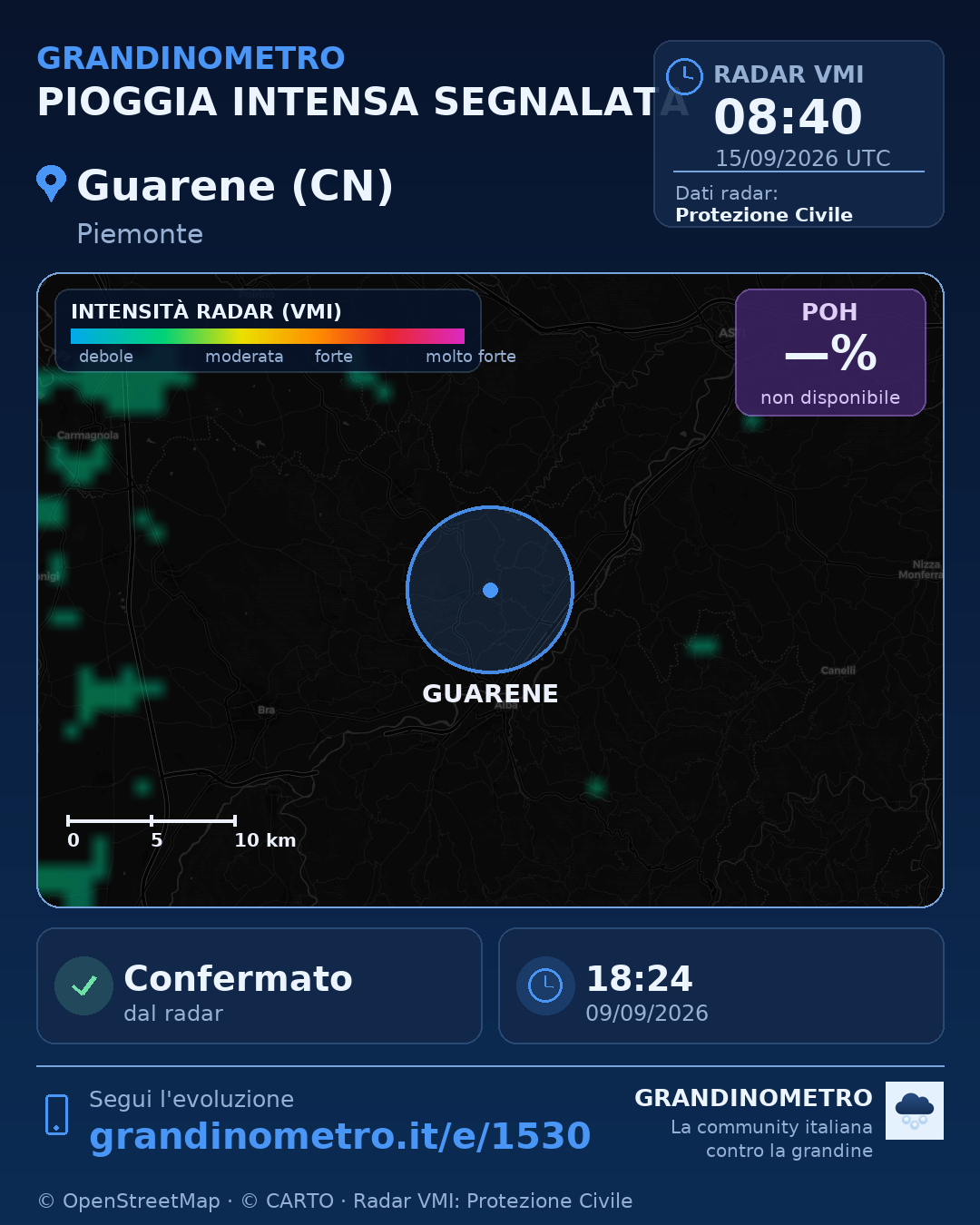 Mappa dell'evento: pioggia intensa a Guarene (CN)