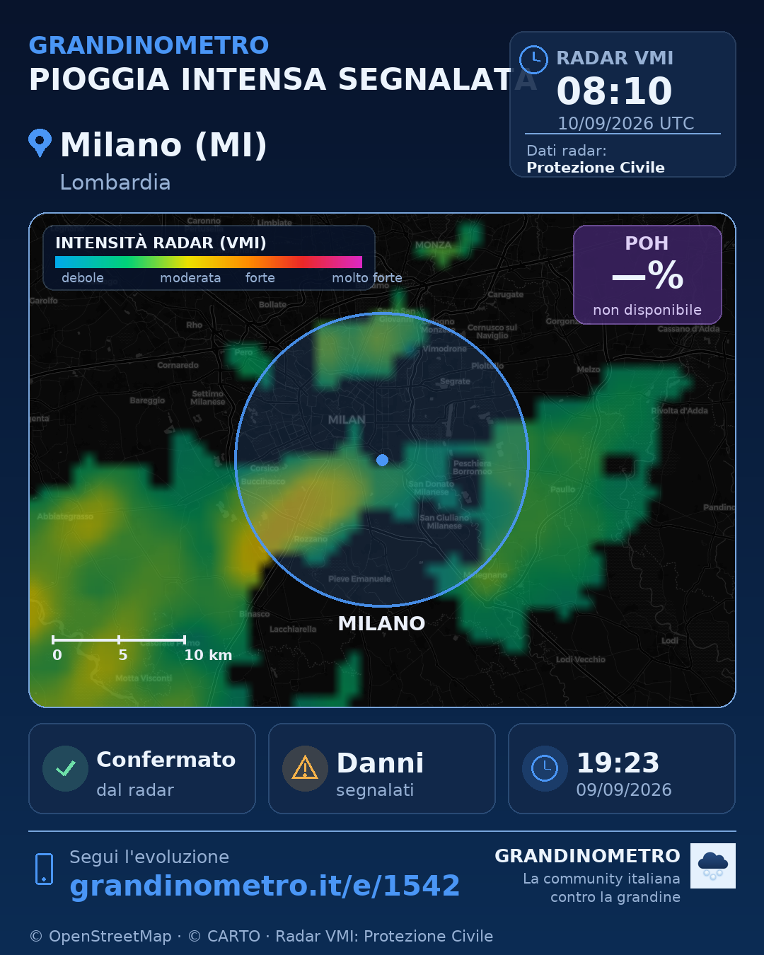 Mappa dell'evento: pioggia intensa a Milano (MI)