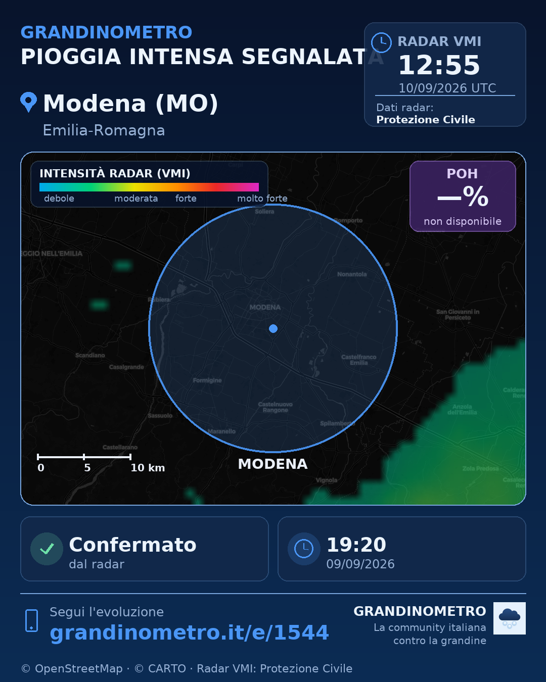 Mappa dell'evento: pioggia intensa a Modena (MO)