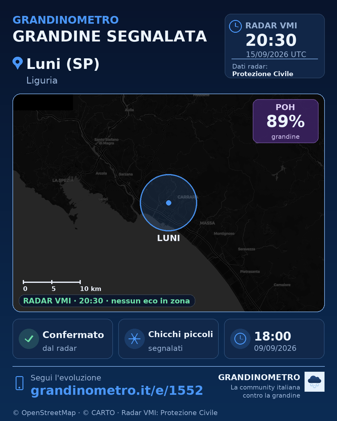 Mappa dell'evento: grandine a Luni (SP)