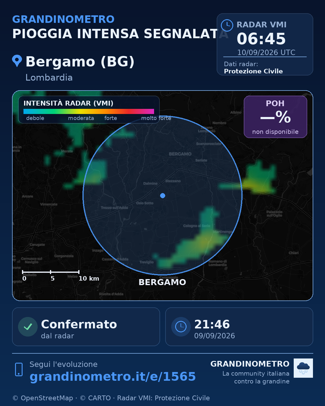 Mappa dell'evento: pioggia intensa a Bergamo (BG)