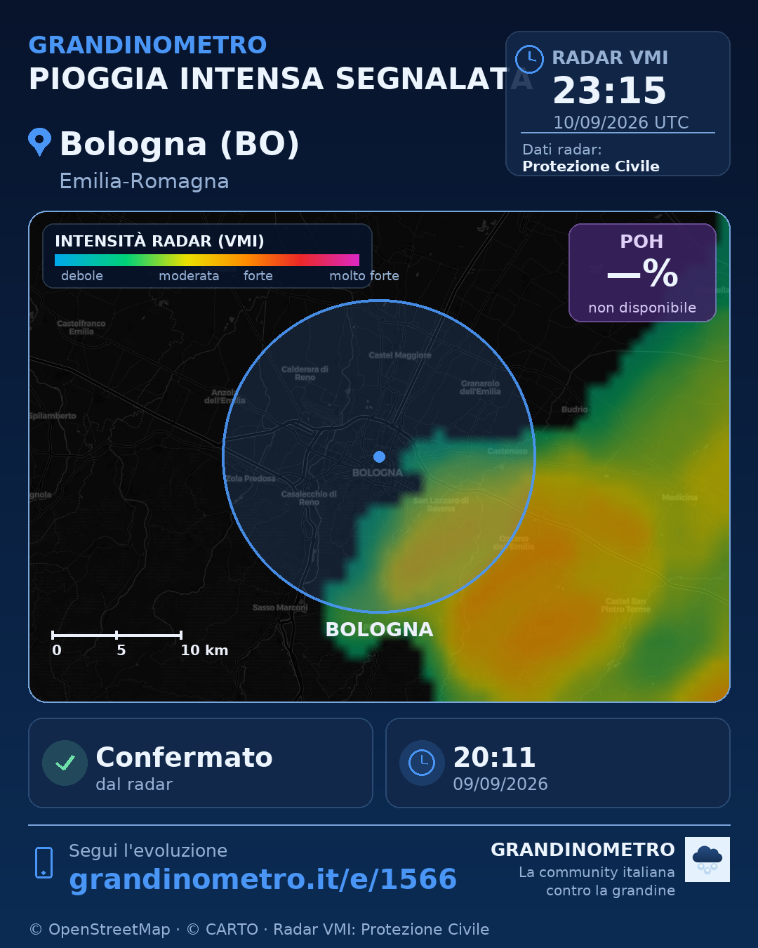 Mappa dell'evento: pioggia intensa a Bologna (BO)