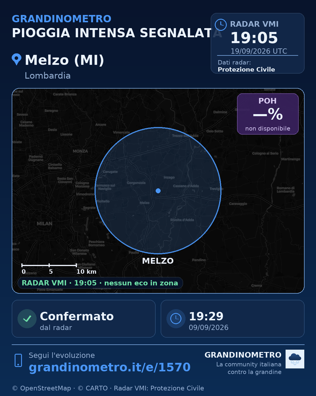 Mappa dell'evento: pioggia intensa a Melzo (MI)