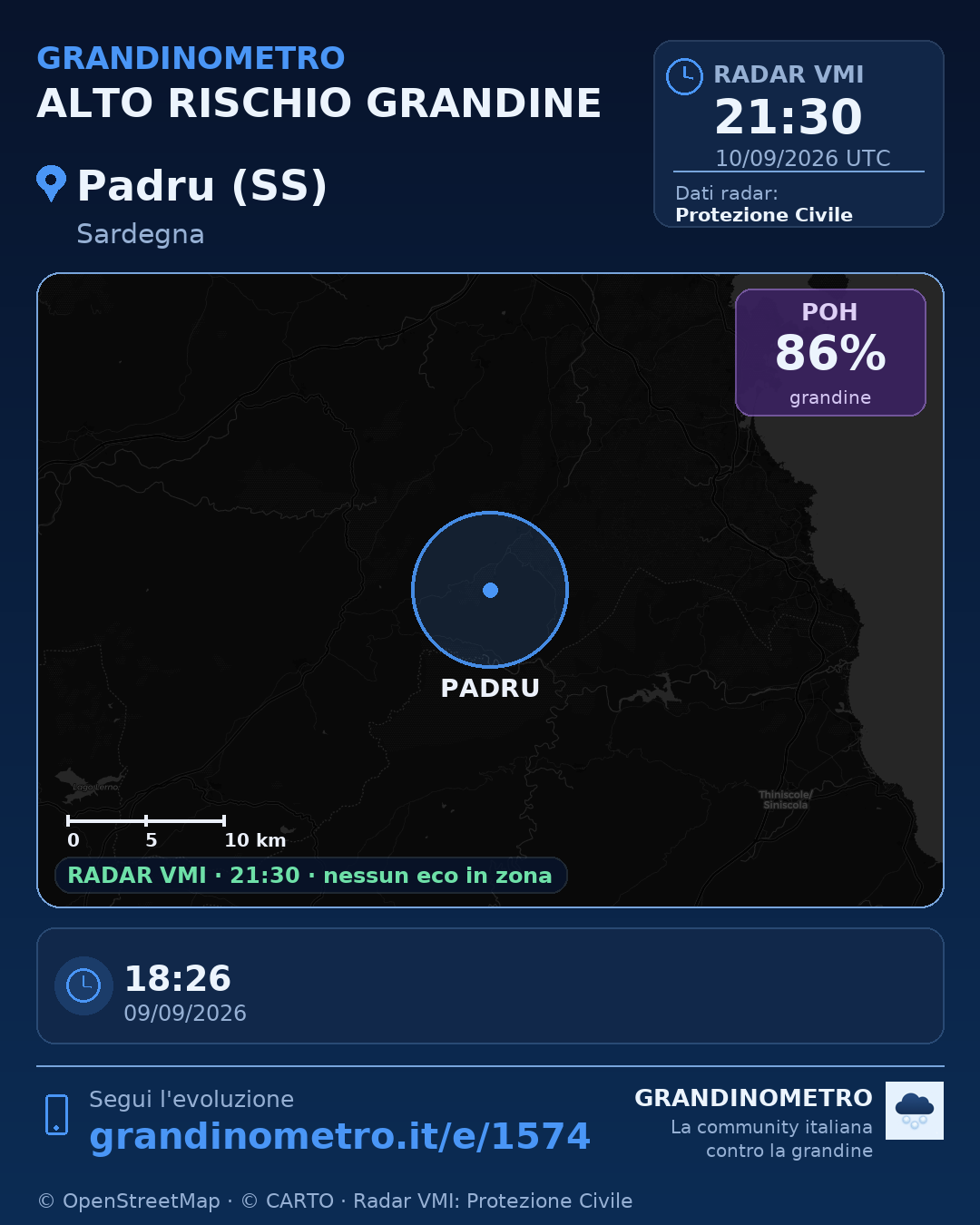 Mappa dell'evento: grandine a Padru (SS)