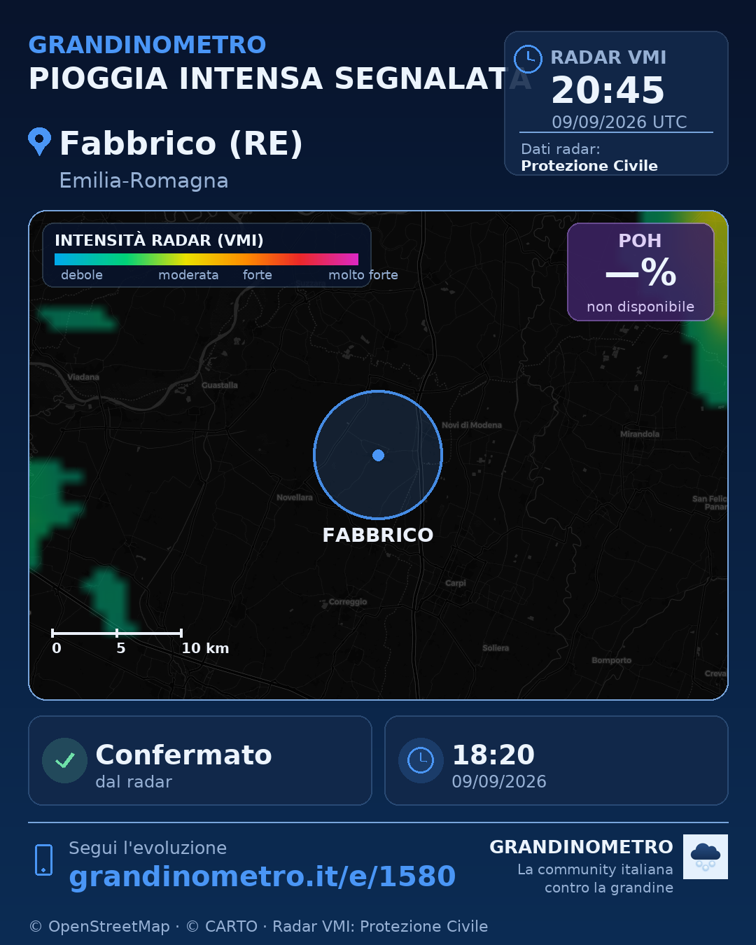 Mappa dell'evento: pioggia intensa a Fabbrico (RE)