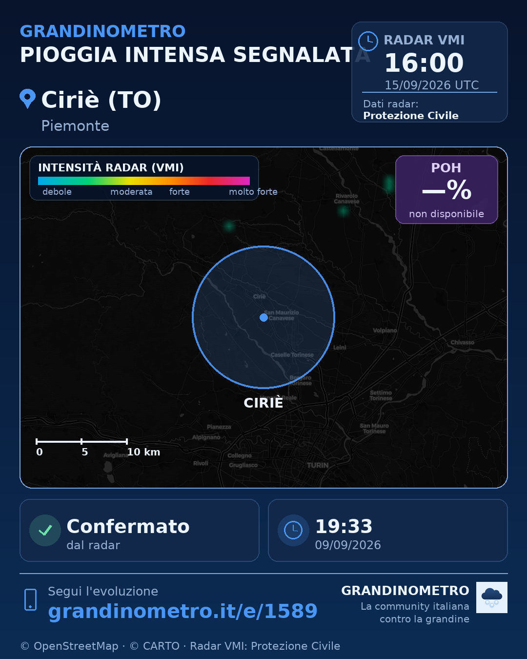 Mappa dell'evento: pioggia intensa a Ciriè (TO)
