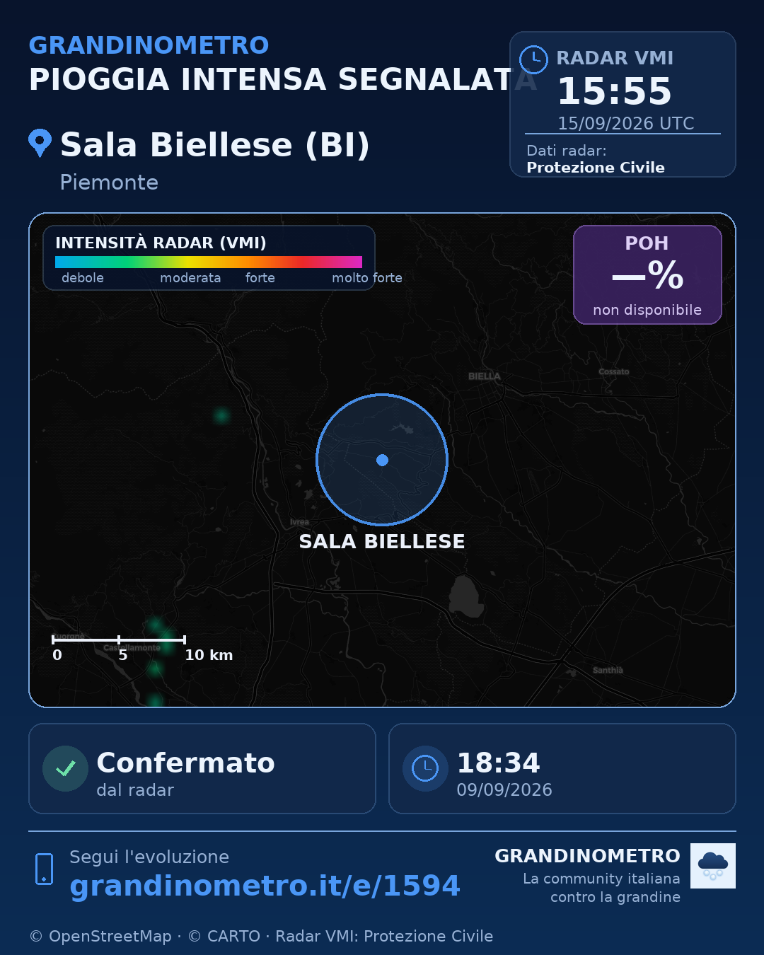 Mappa dell'evento: pioggia intensa a Sala Biellese (BI)