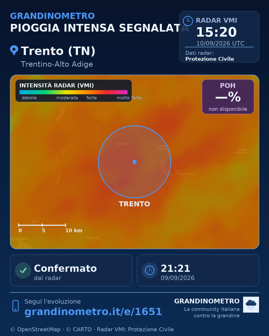 Mappa dell'evento: pioggia intensa a Trento (TN)