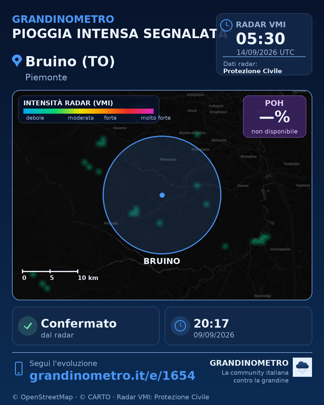 Mappa dell'evento: pioggia intensa a Bruino (TO)