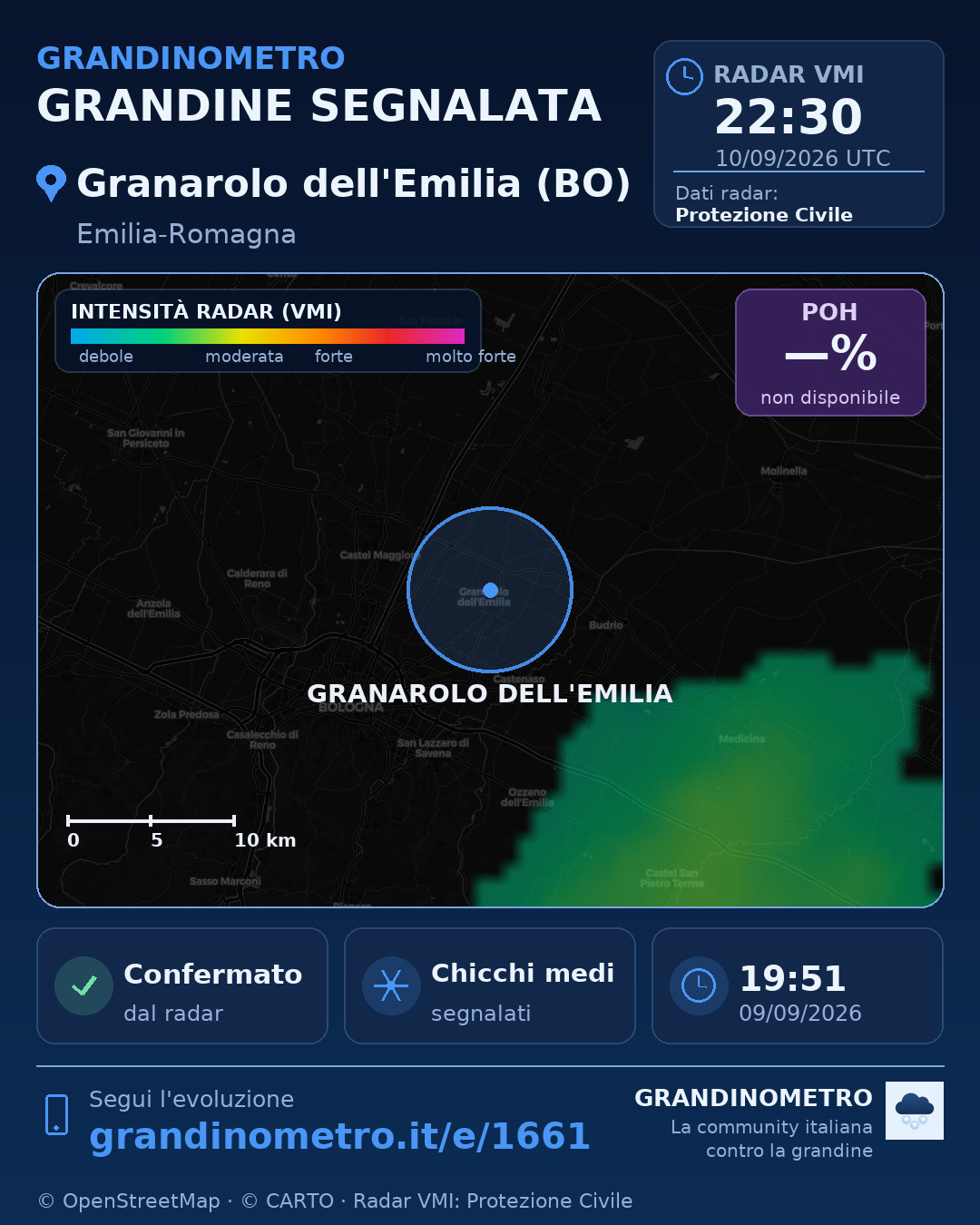 Mappa dell'evento: grandine a Granarolo dell'Emilia (BO)