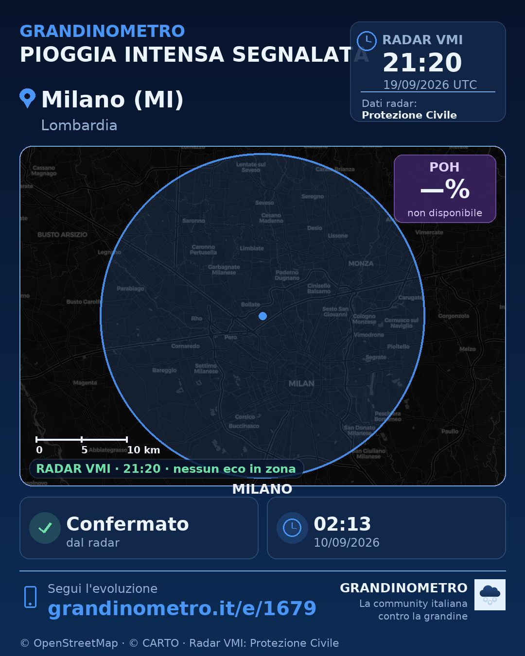 Mappa dell'evento: pioggia intensa a Milano (MI)