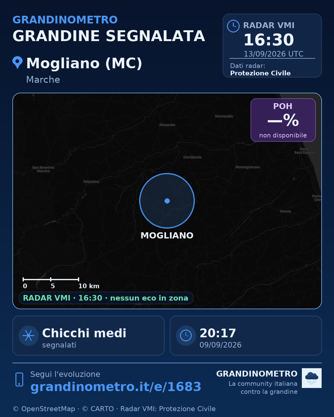 Mappa dell'evento: grandine a Mogliano (MC)