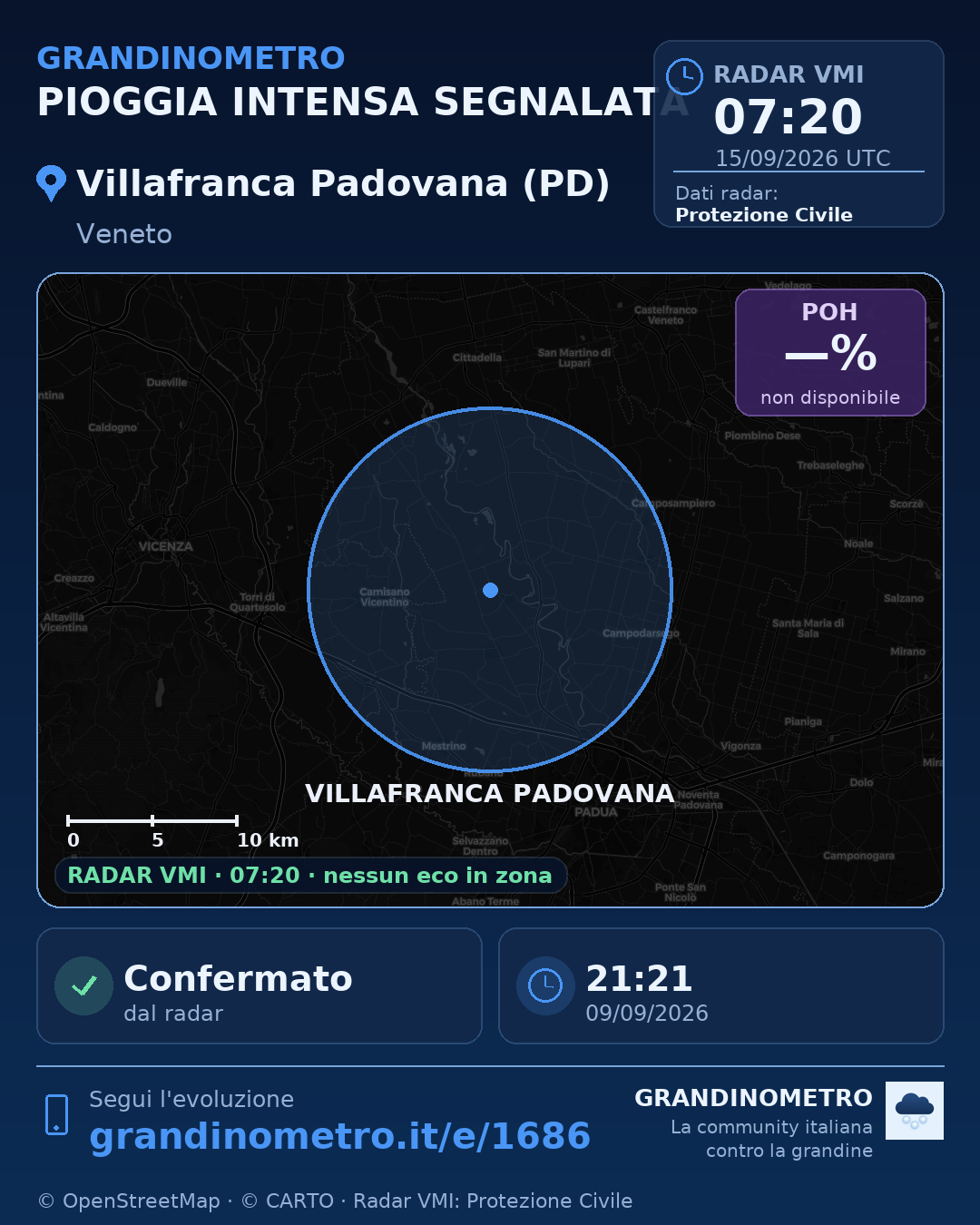 Mappa dell'evento: pioggia intensa a Villafranca Padovana (PD)