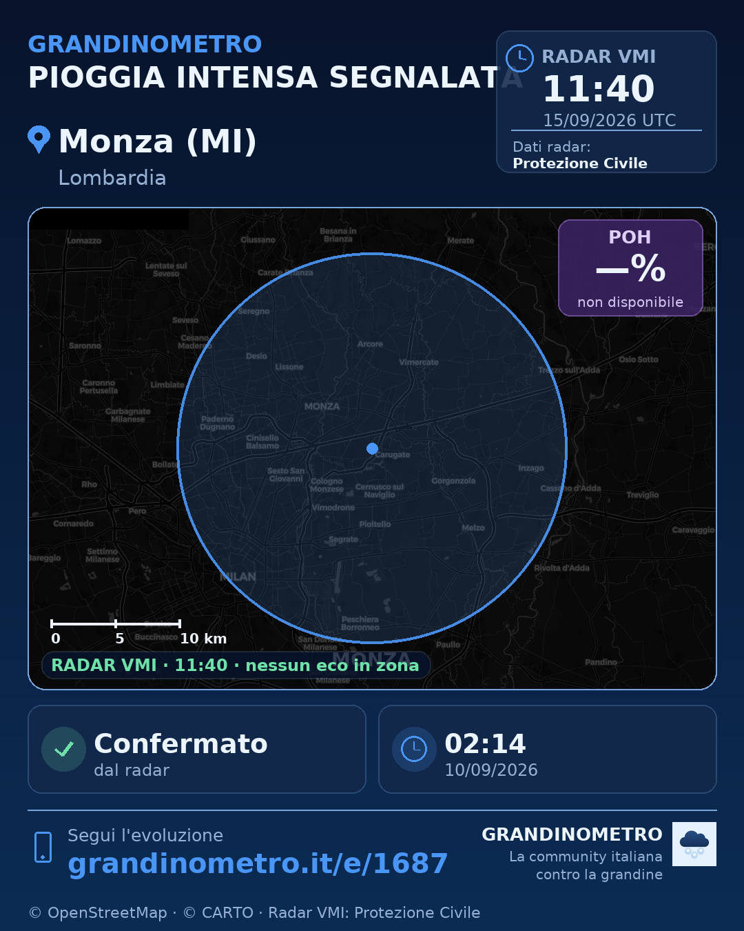 Mappa dell'evento: pioggia intensa a Monza (MI)