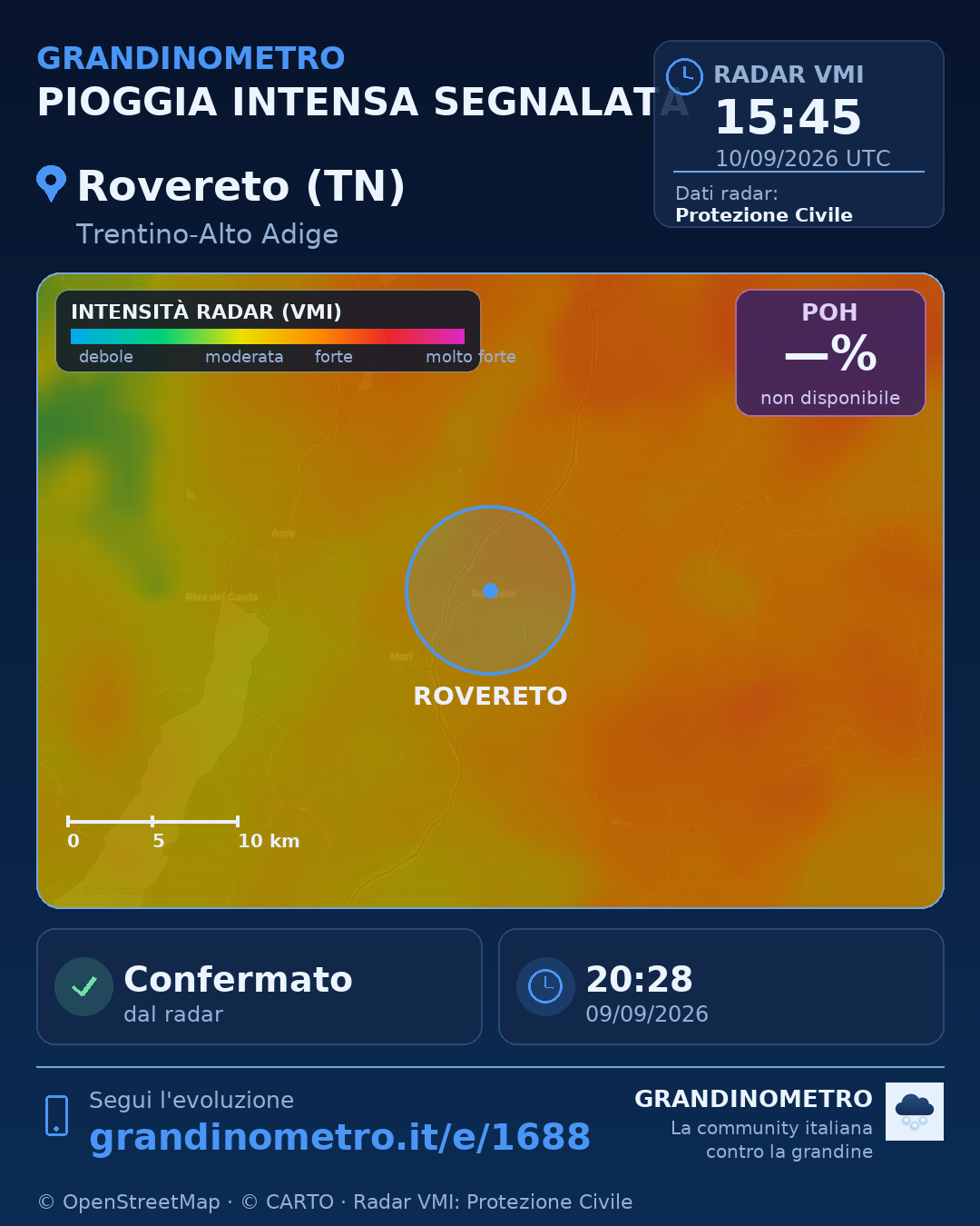 Mappa dell'evento: pioggia intensa a Rovereto (TN)