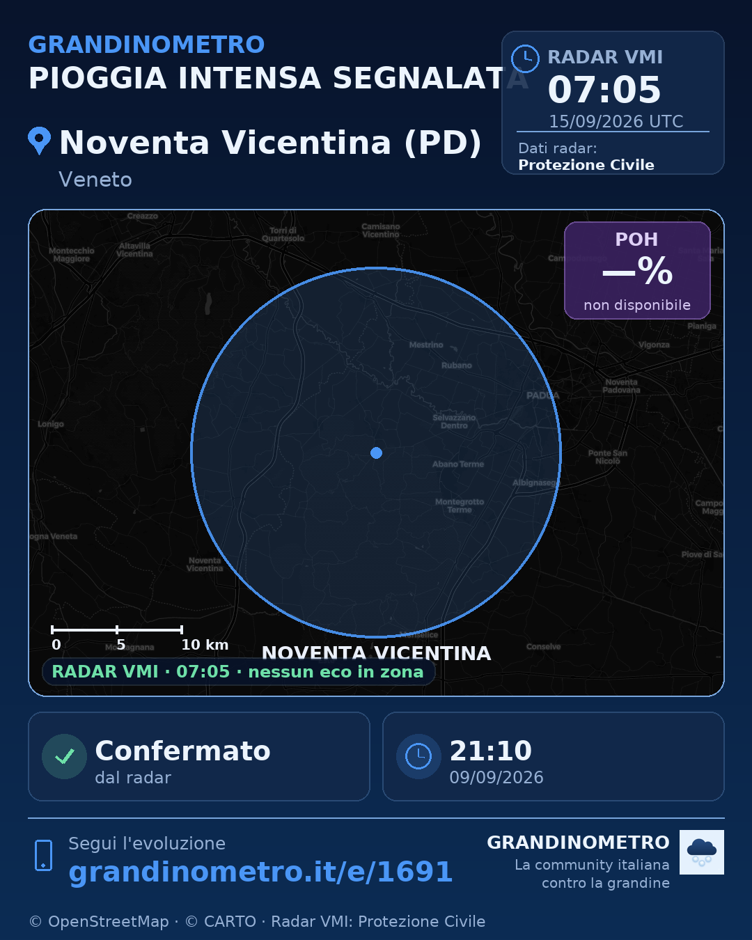 Mappa dell'evento: pioggia intensa a Noventa Vicentina (PD)