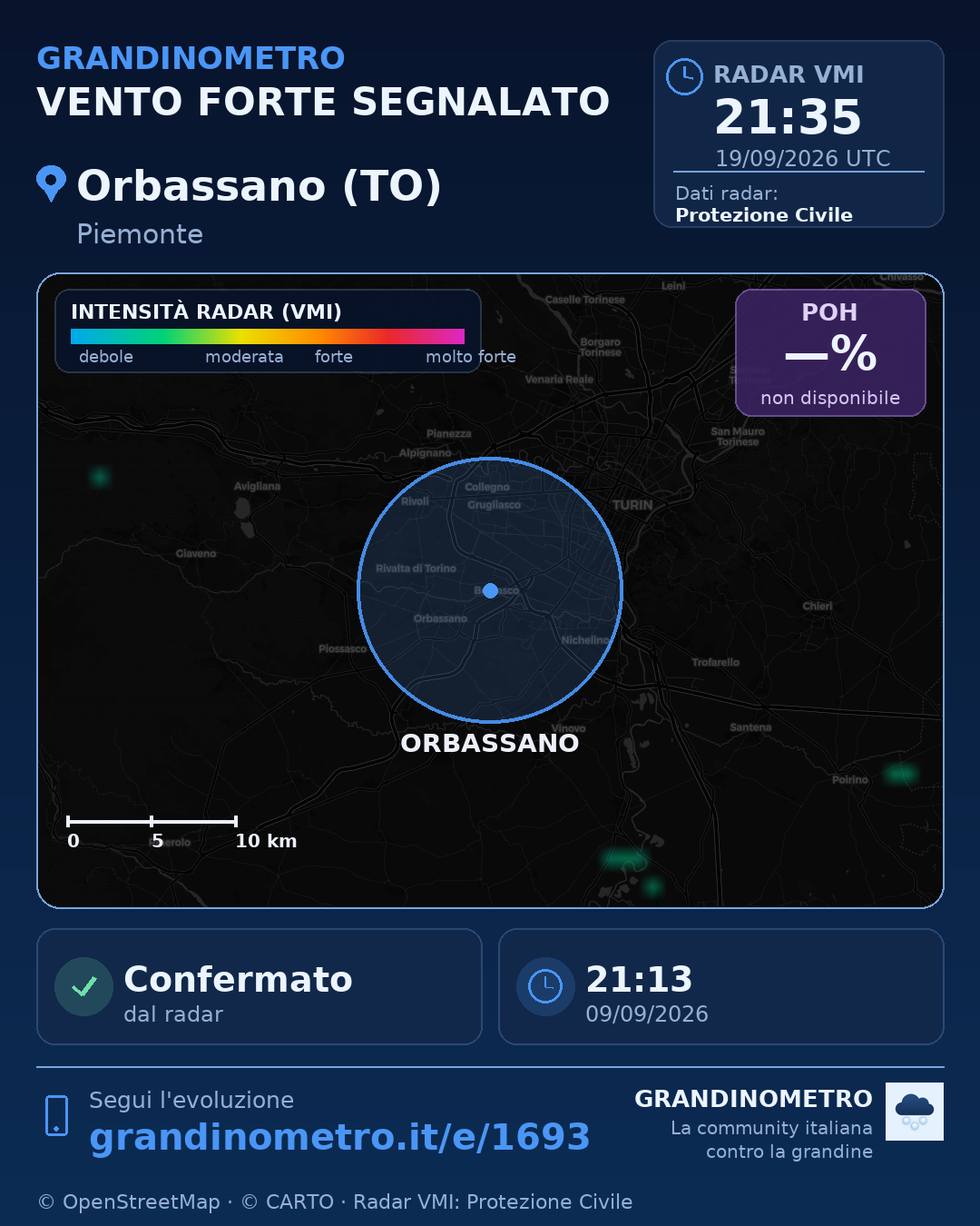 Mappa dell'evento: vento forte a Orbassano (TO)