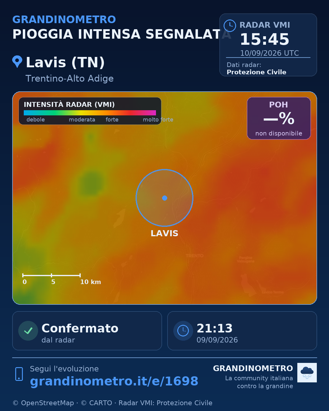 Mappa dell'evento: pioggia intensa a Lavis (TN)