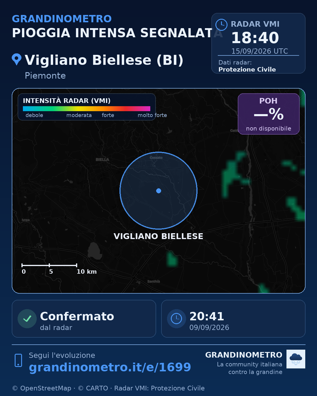 Mappa dell'evento: pioggia intensa a Vigliano Biellese (BI)