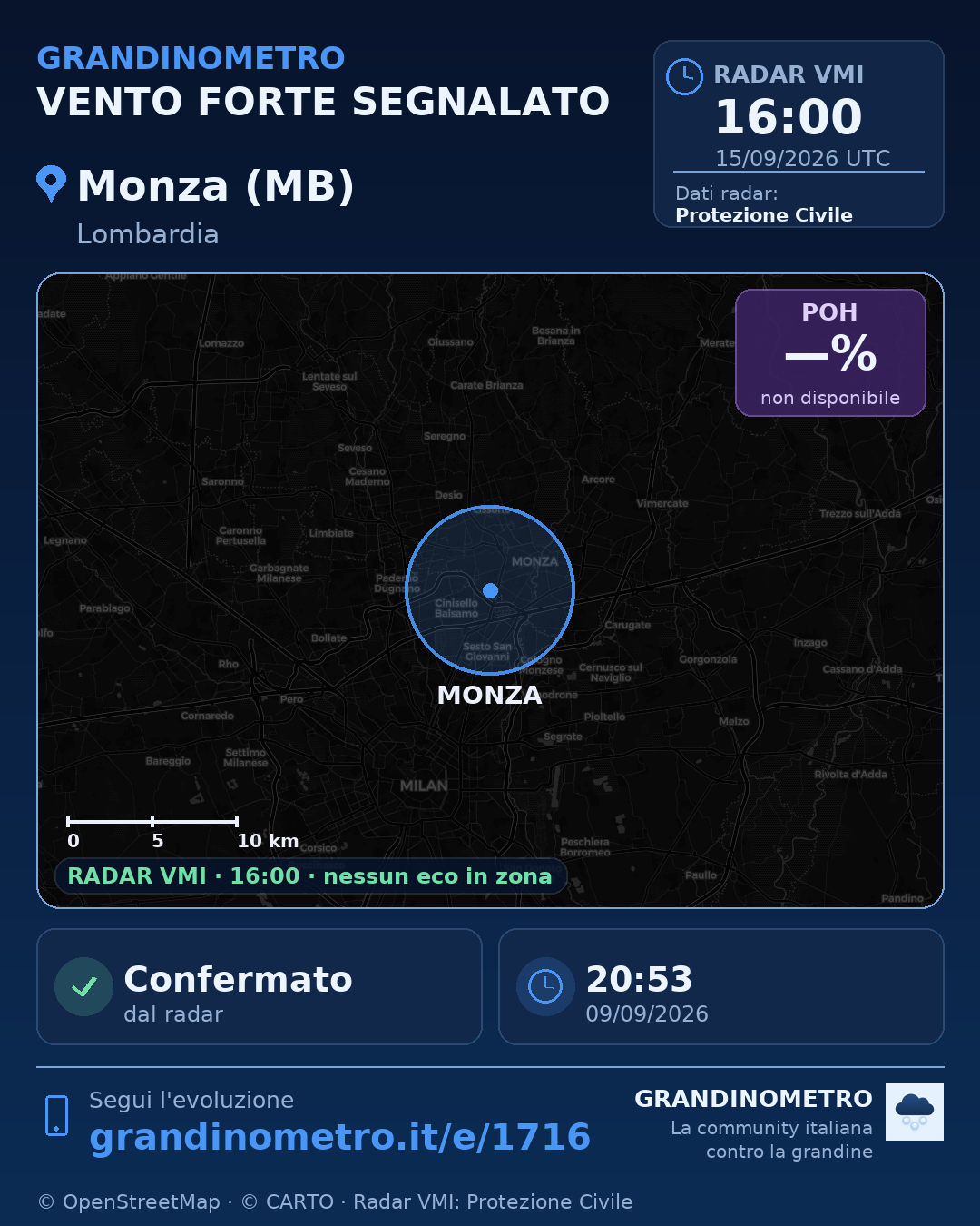 Mappa dell'evento: vento forte a Monza (MB)
