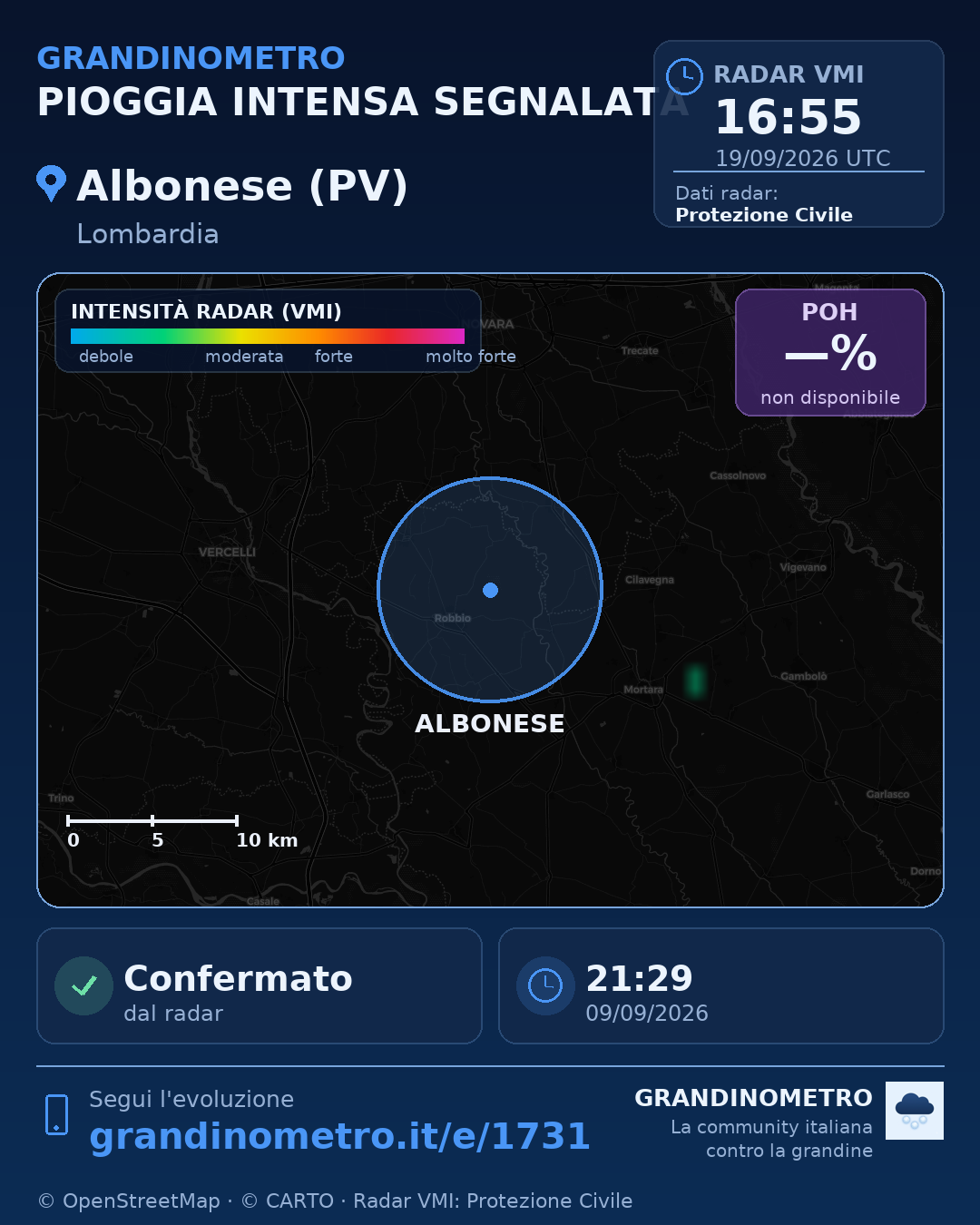 Mappa dell'evento: pioggia intensa ad Albonese (PV)