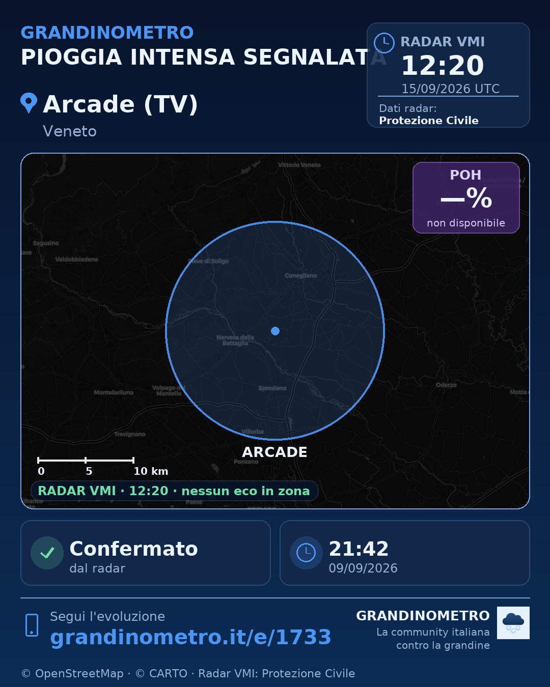 Mappa dell'evento: pioggia intensa ad Arcade (TV)