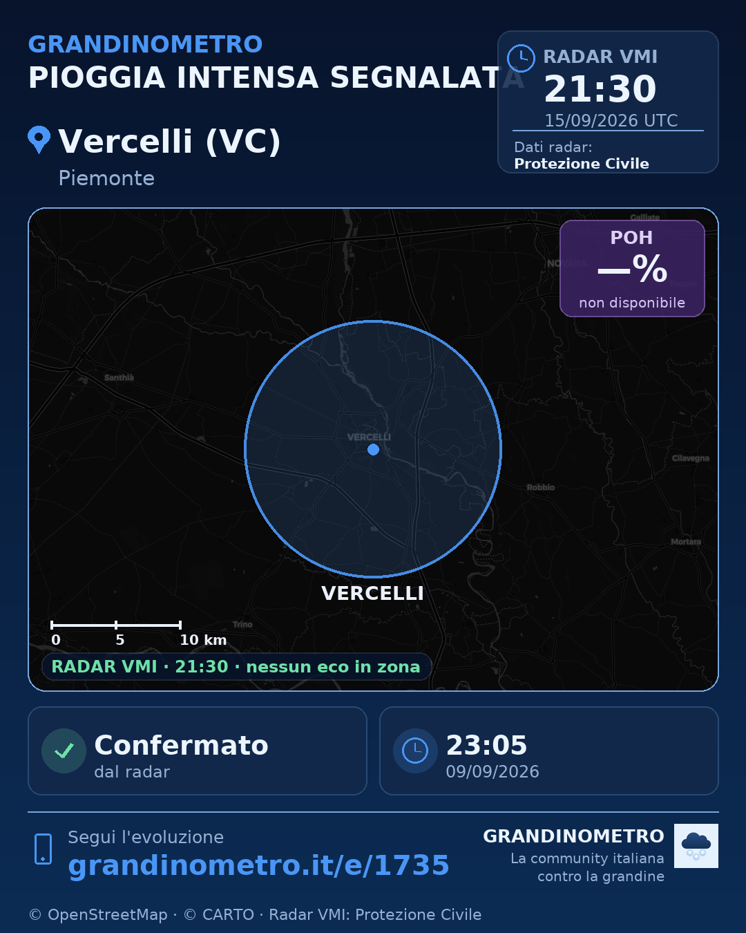 Mappa dell'evento: pioggia intensa a Vercelli (VC)