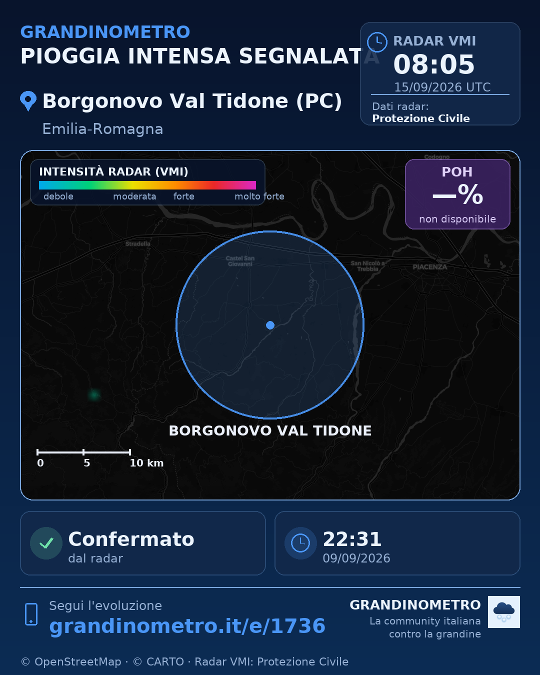 Mappa dell'evento: pioggia intensa a Borgonovo Val Tidone (PC)