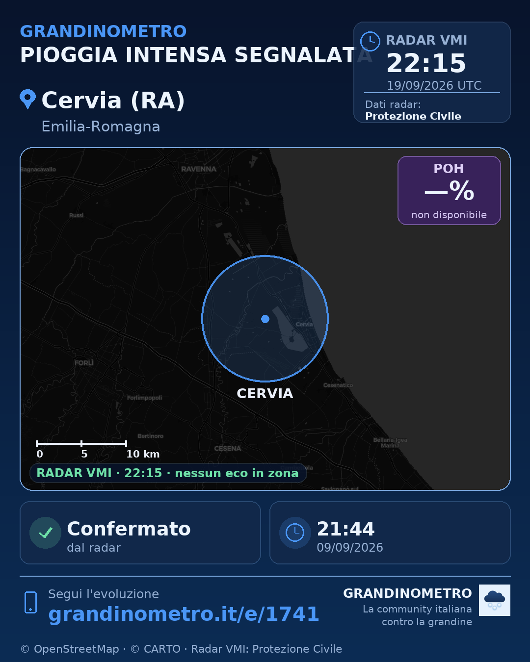 Mappa dell'evento: pioggia intensa a Cervia (RA)