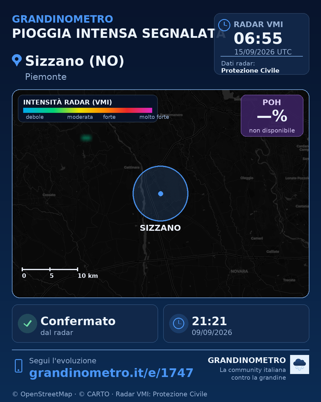 Mappa dell'evento: pioggia intensa a Sizzano (NO)