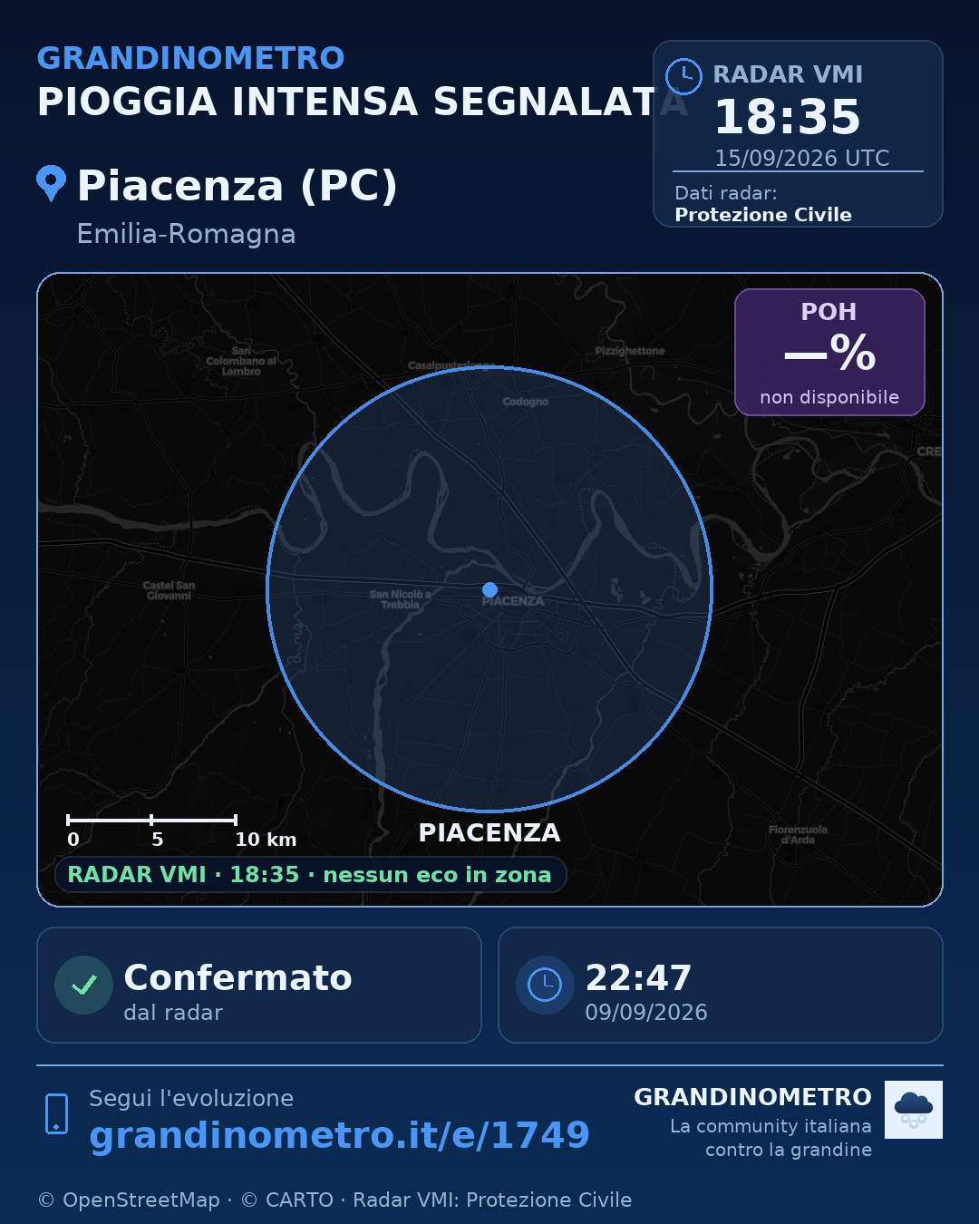 Mappa dell'evento: pioggia intensa a Piacenza (PC)