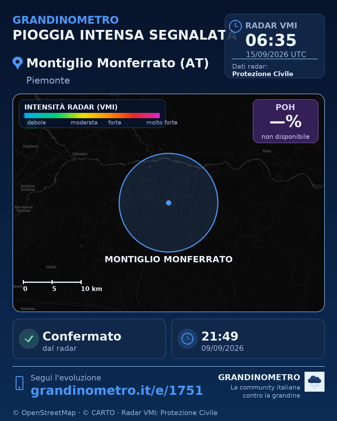 Mappa dell'evento: pioggia intensa a Montiglio Monferrato (AT)