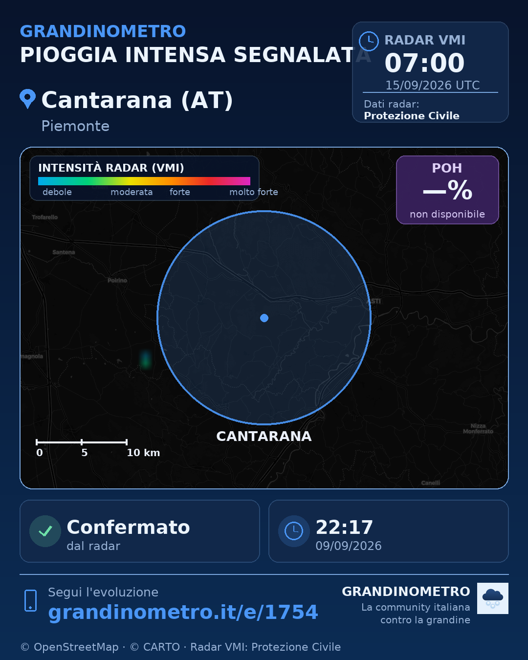 Mappa dell'evento: pioggia intensa a Cantarana (AT)