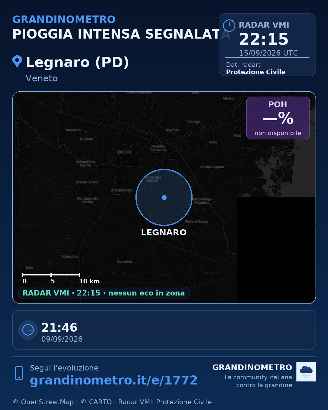 Mappa dell'evento: pioggia intensa a Legnaro (PD)
