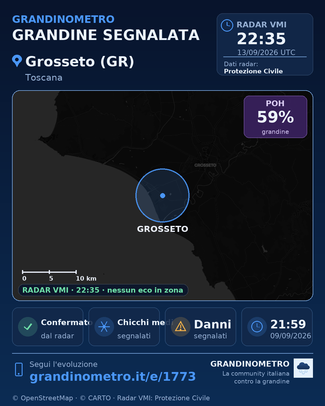 Mappa dell'evento: grandine a Grosseto (GR)