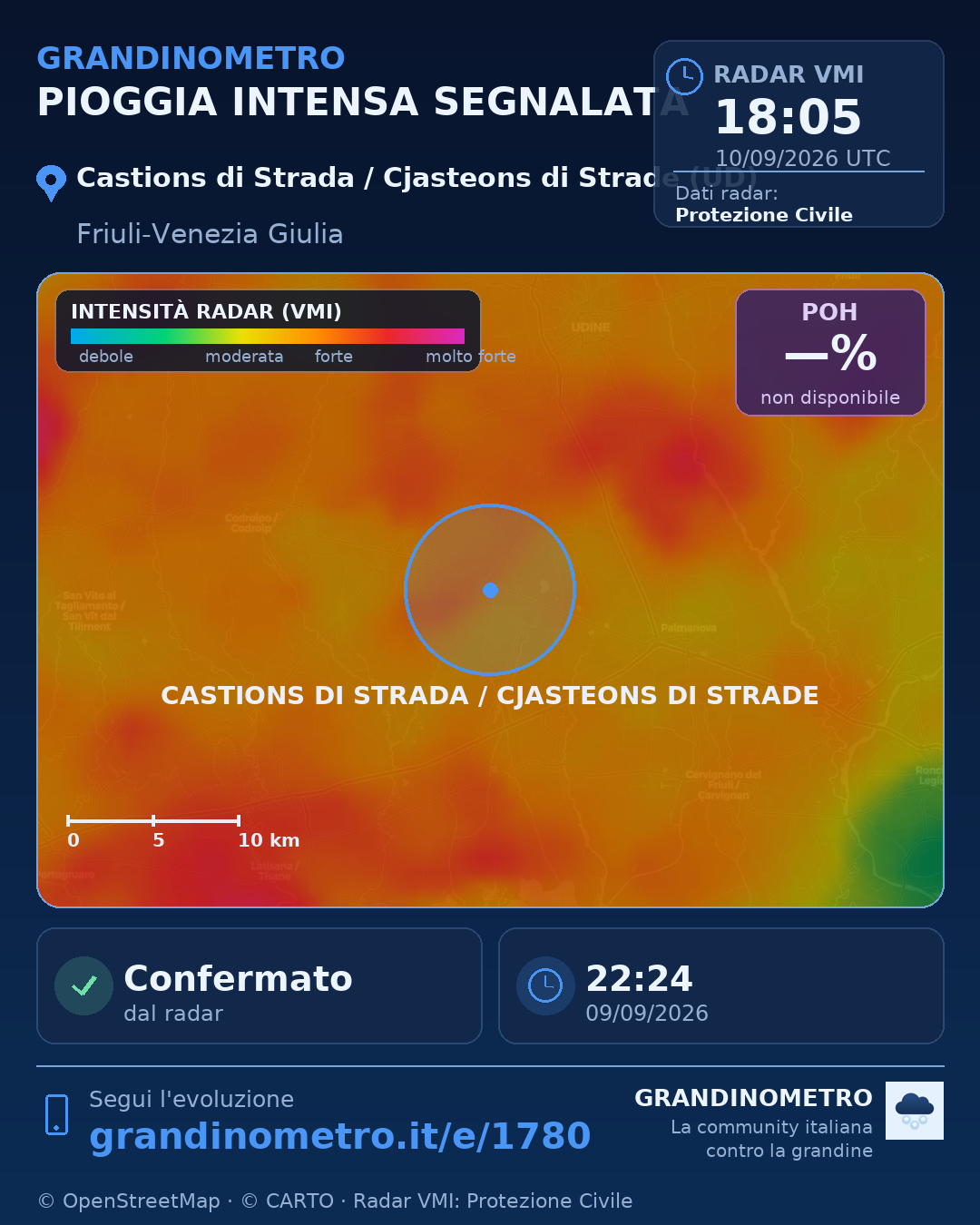 Mappa dell'evento: pioggia intensa a Castions di Strada / Cjasteons di Strade (UD)